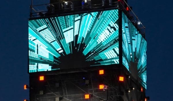 an outdoor led screen on a building